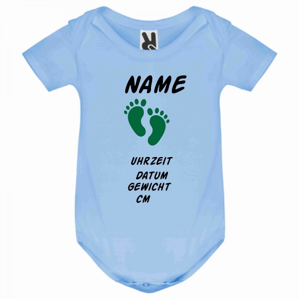 Babystrampler blau-schwarz-grün Name, Gewicht, Größe, Uhrzeit,